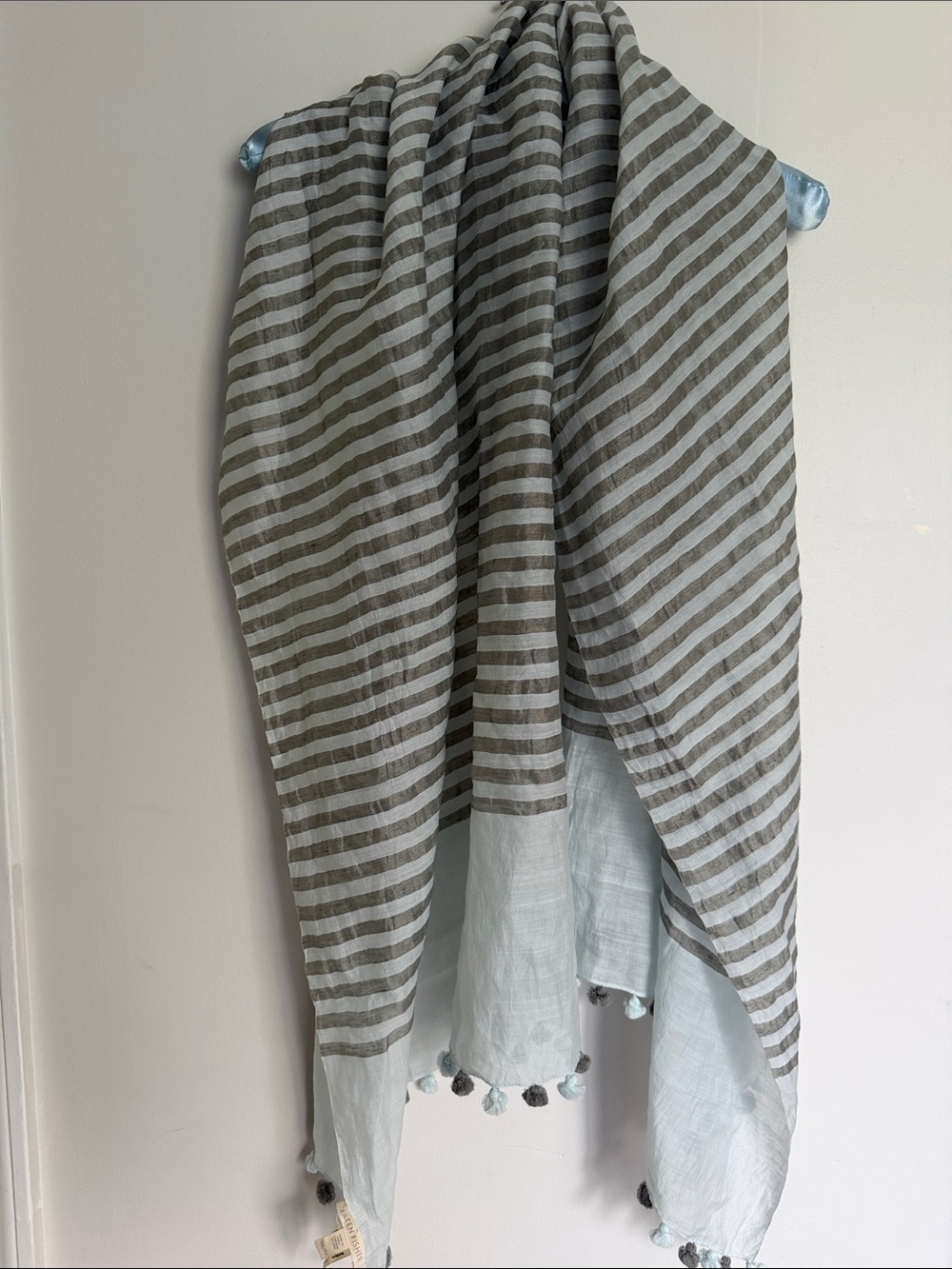 Eileen Fisher Gray & light blue ( light mint) Striped Pom-Trim Scarf 26 X 70’
